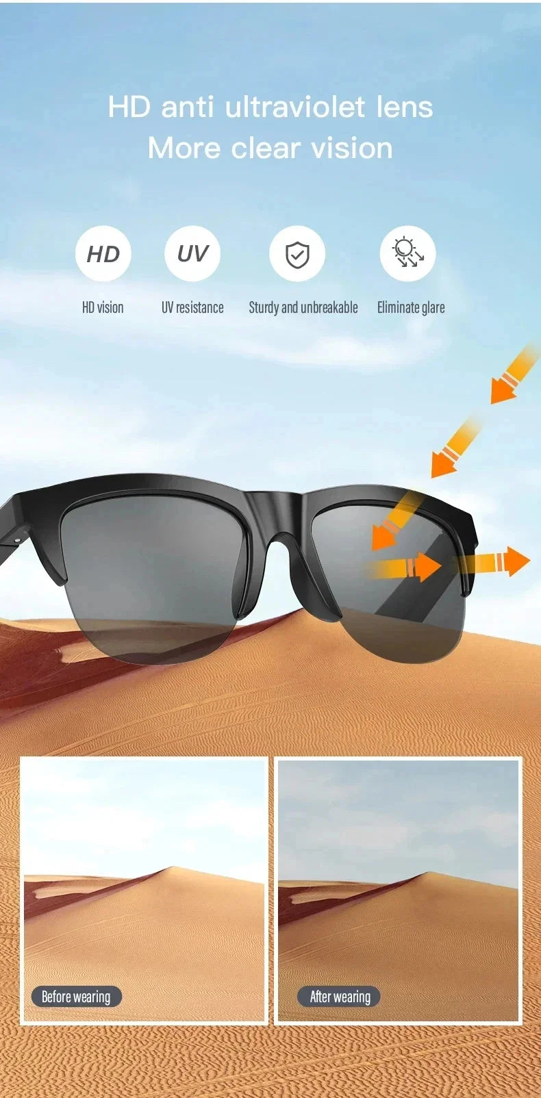 Occhiali da Sole Intelligenti con Auricolari Bluetooth - Massima Protezione e Comfort